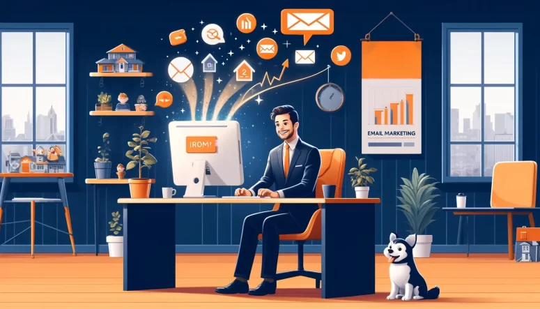 Illustration of a property manager sitting at a desk managing an email marketing campaign